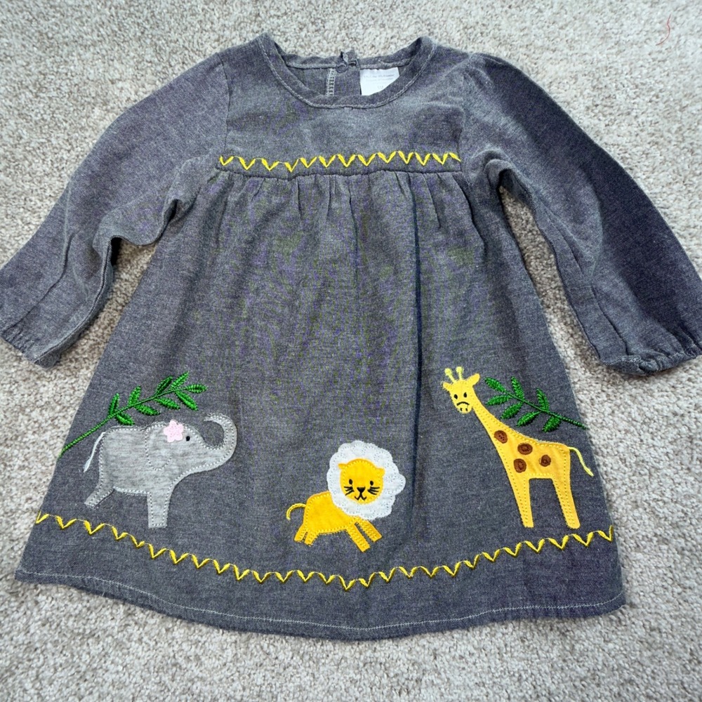 Baby Girls Gray Safari Animal Embroidered Long Sleeve Dress 9M Gray